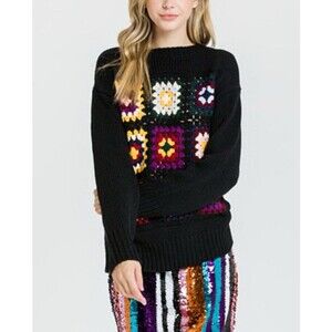 English Factory Women’s Crochet Motif Sweater Sz M Granny Core Preppy Academia